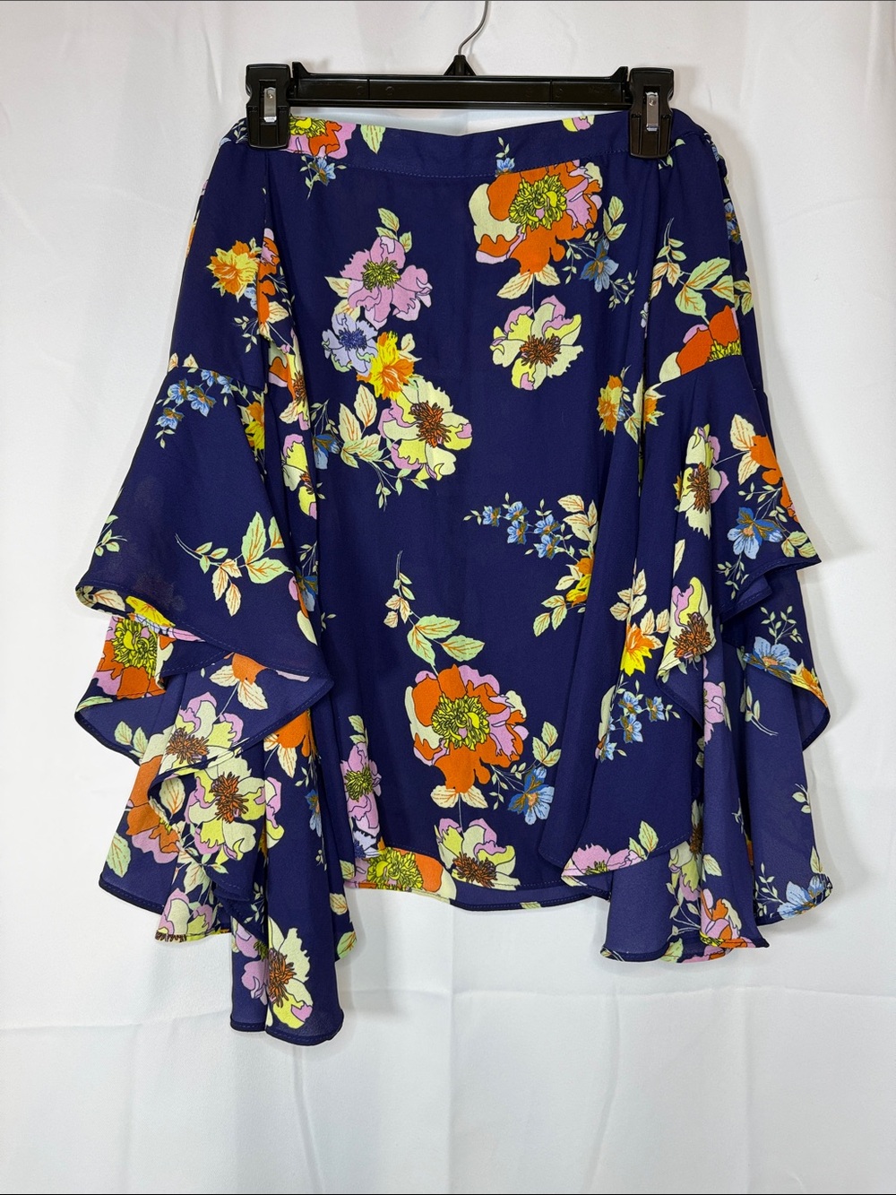 Rose & Olive Navy Asymmetrical Floral Ruffle off the shoulder blouse size S